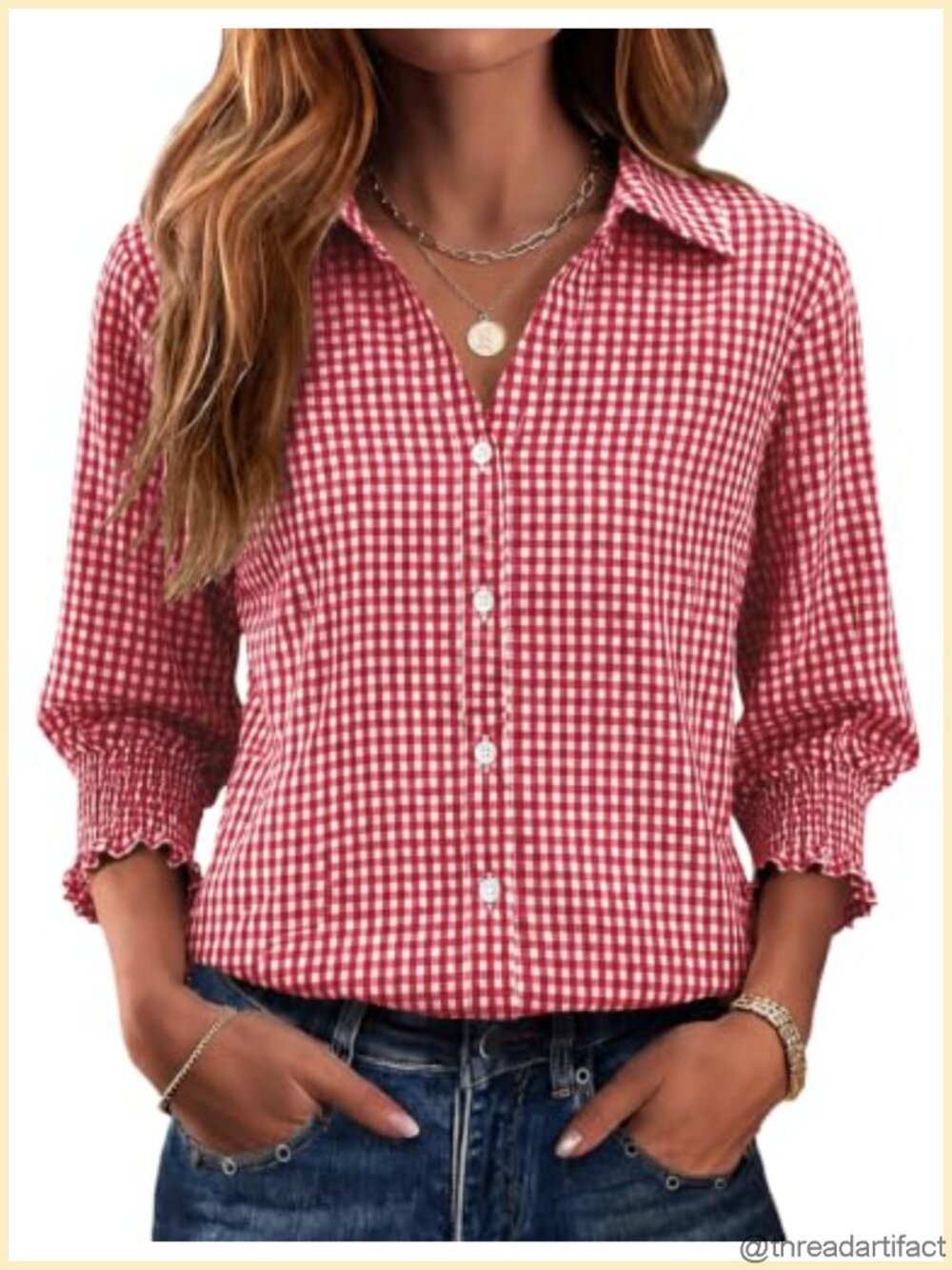 Women's 3/4 Sleeve Collared Button Down Blouse Ruffle Cuff V-Neck